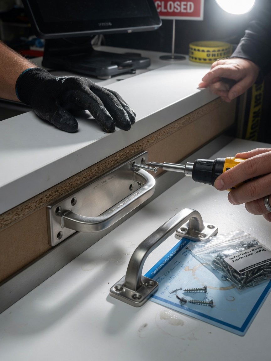 Ultra-realistic 8K close-up of marine-grade stainless steel cabinet hardware being installed during Checkout, technician hands visible, precise focus on components