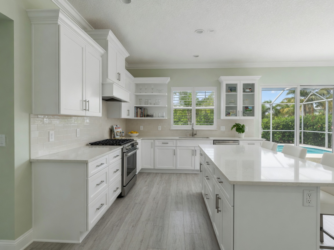 Ultra-realistic 8K wide angle view of complete kitchen renovation with new cabinets installed in Southwest Florida home, showing proper alignment and crown molding details, bright daylight