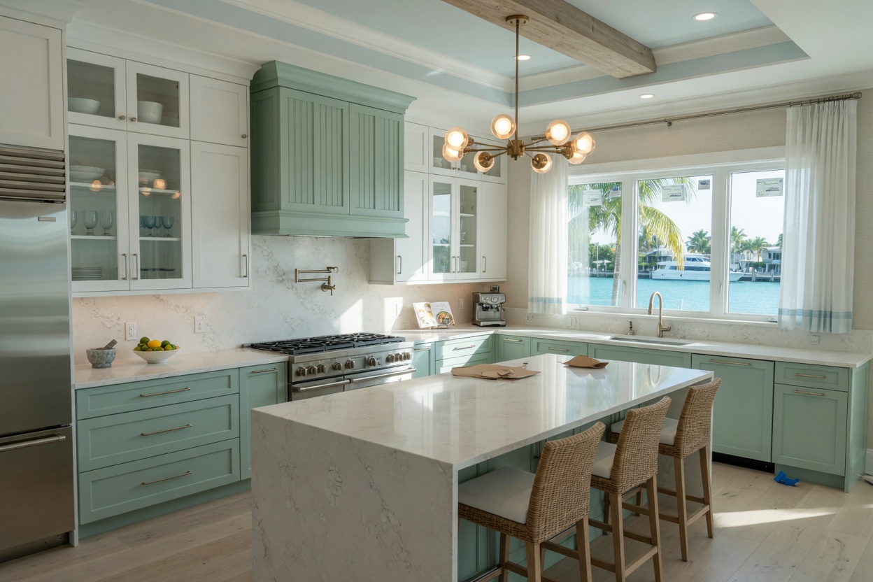 Ultra-realistic 8K photo of a completed luxury kitchen after professional cabinet installation, light coastal color palette, quartz countertops, hurricane impact windows visible, high-end South Fort Myers home interior