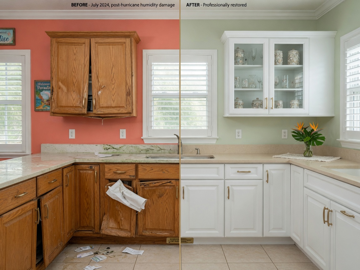 Ultra-realistic 8K image showing before and after split view of damaged humidity-swollen cabinets versus professionally restored cabinets in a Southwest Florida home