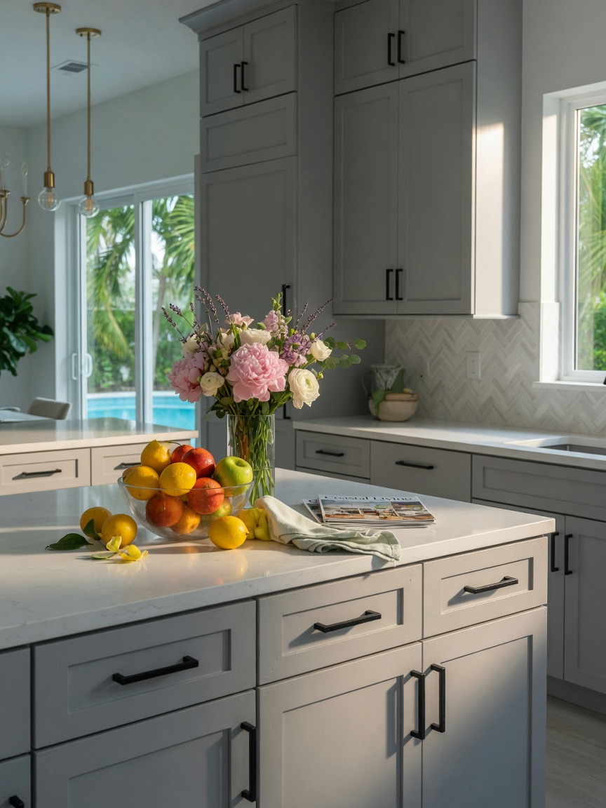 Ultra-realistic 8K photograph of freshly painted soft gray kitchen cabinets with new matte black hardware in a contemporary Bonita Springs home, clean lines, staged with fresh flowers and fruit bowl
