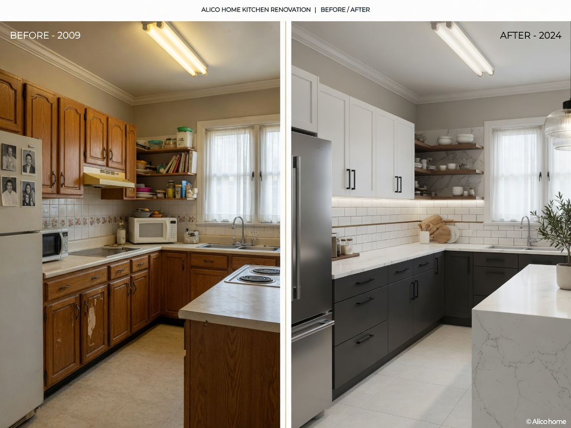 Ultra-realistic 8K image of before and after split view of outdated versus modern commercial kitchen cabinets in an Alico home, bright lighting, professional real estate photography style