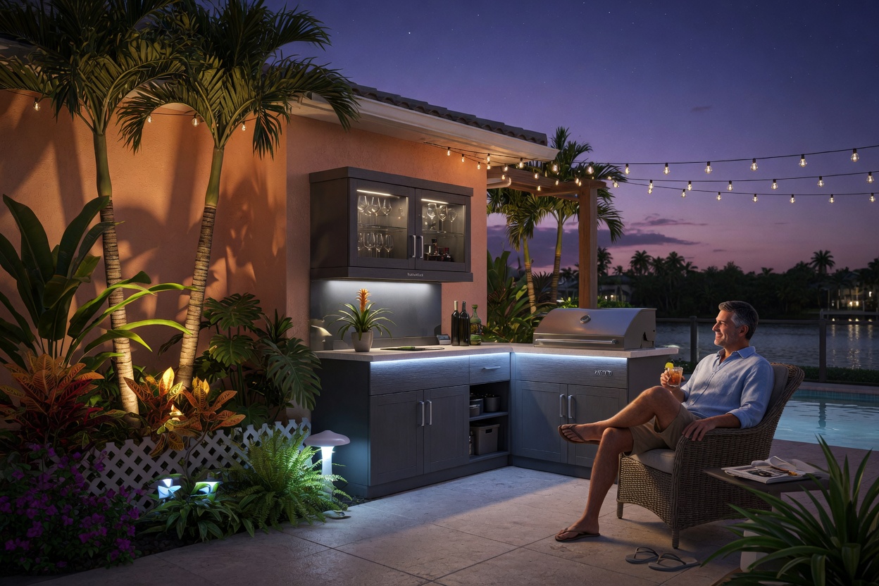 Ultra-realistic 8K image of Cape Coral homeowner enjoying evening on patio with illuminated NatureKast weatherproof outdoor cabinets, soft landscape lighting, tropical plants, relaxed lifestyle atmosphere