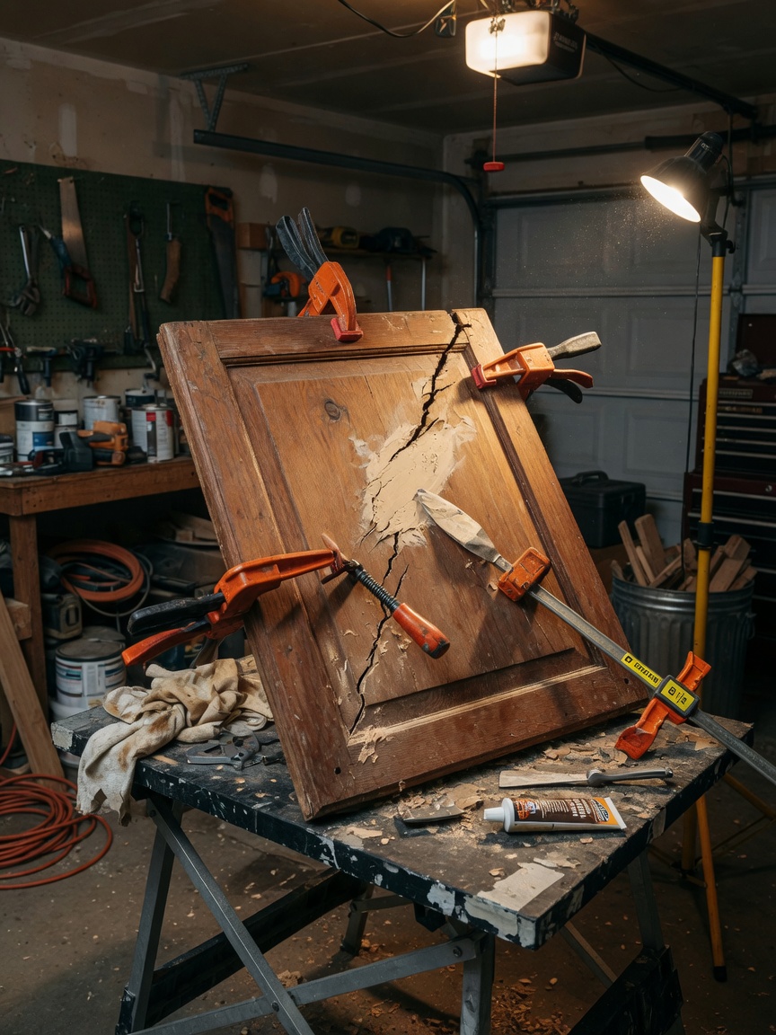 Detailed 8K image of a cracked solid wood cabinet door being carefully repaired with wood filler and clamps on a portable workbench inside a garage