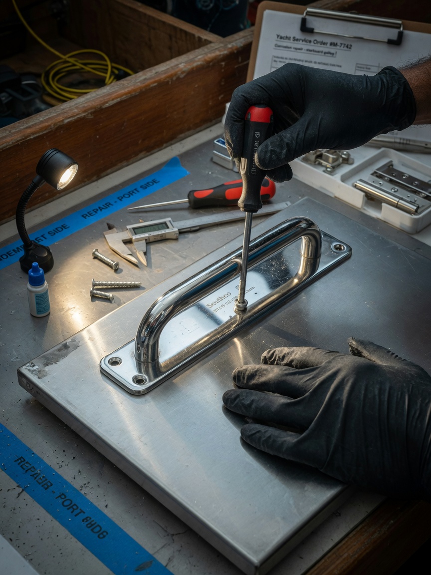 Realistic 8K image of marine-grade stainless steel cabinet hardware being installed during a repair, technician hands in focus, precise tools