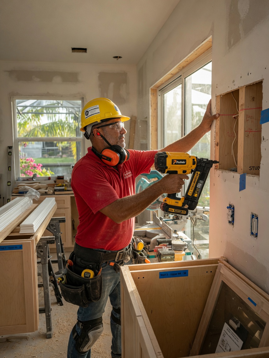 Ultra-realistic 8K image of cabinet installer using nail gun to secure cabinet to wall stud in Bonita Springs residence, safety equipment visible, realistic workshop atmosphere