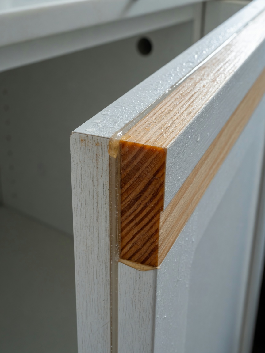 Close-up 8K technical photograph of cabinet edge sealing techniques used to prevent moisture intrusion in humid Southwest Florida climate, showing proper application on all exposed surfaces, professional craftsmanship