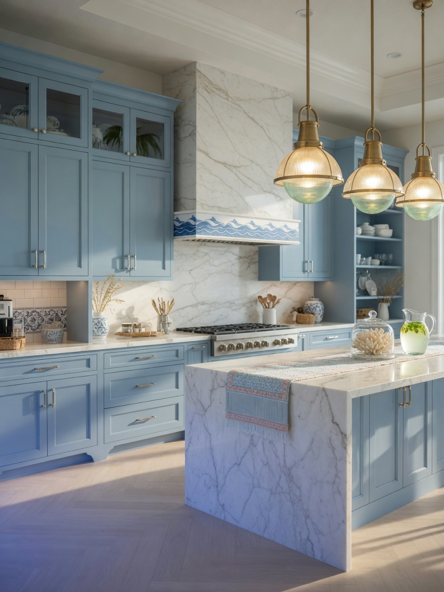8K cinematic photo of completed kitchen with coastal-themed cabinets in soft blue tones, white marble backsplash, pendant lighting, Cape Coral luxury home interior