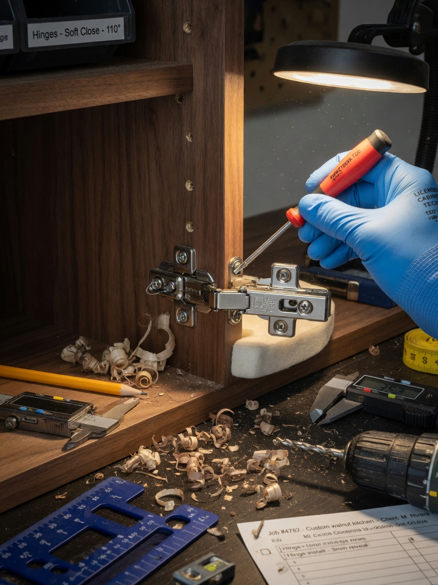 Ultra-realistic 8K close-up of high quality cabinet hinge installation by licensed technician, precise tools, wood shavings, focused on craftsmanship and attention to detail, workshop lighting