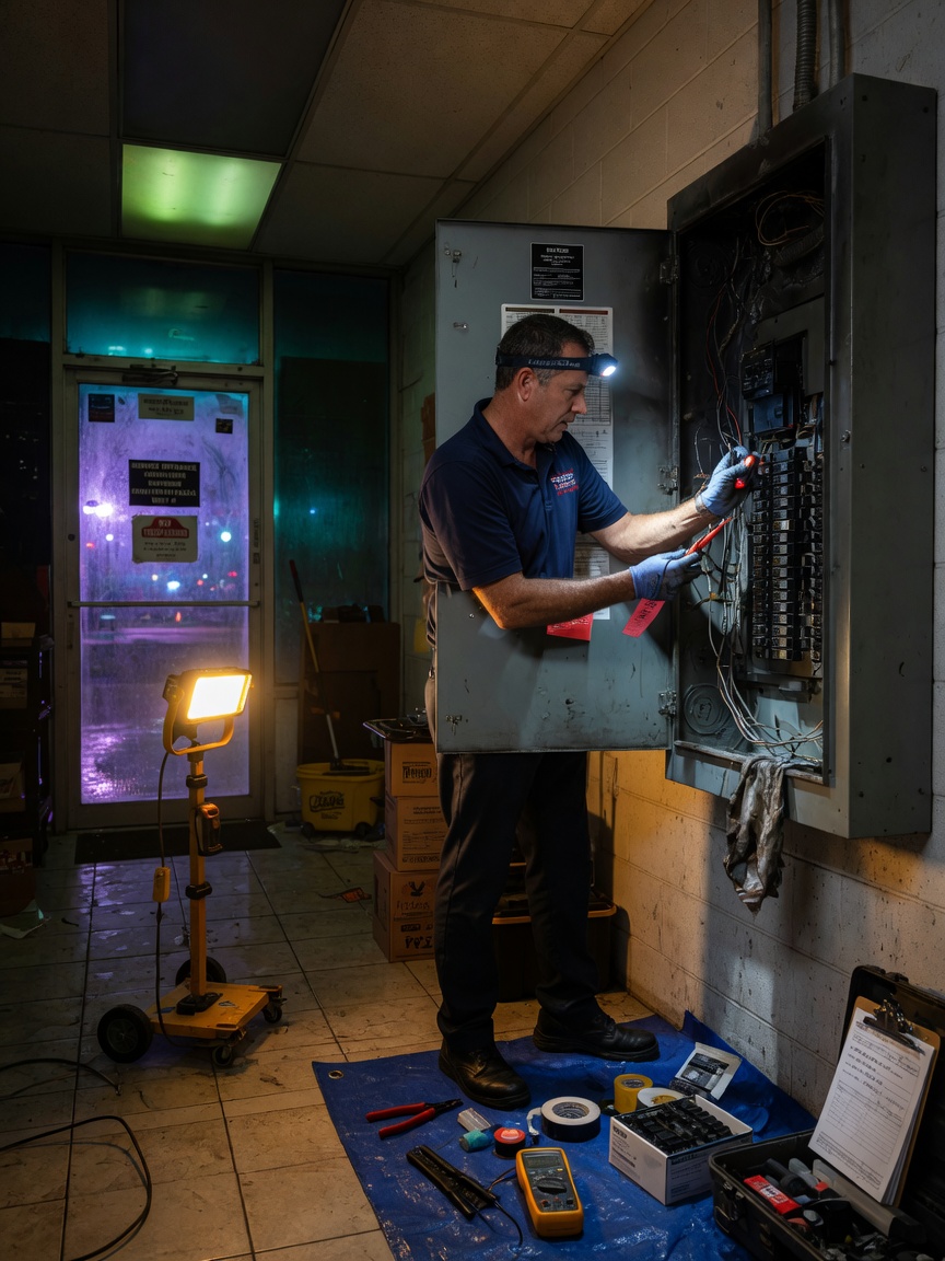 8K detailed photograph of emergency cabinet repair in progress at night in a South Fort Myers commercial property, technician using work light, dramatic but realistic emergency service scene