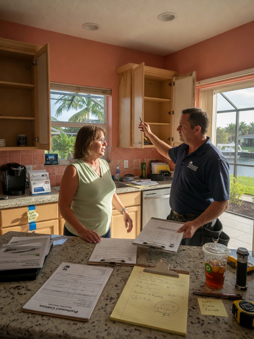 Homeowner in Cape Coral kitchen speaking with professional technician during cabinet inspection, natural interaction, clipboards and estimates visible, realistic residential setting, 8K resolution