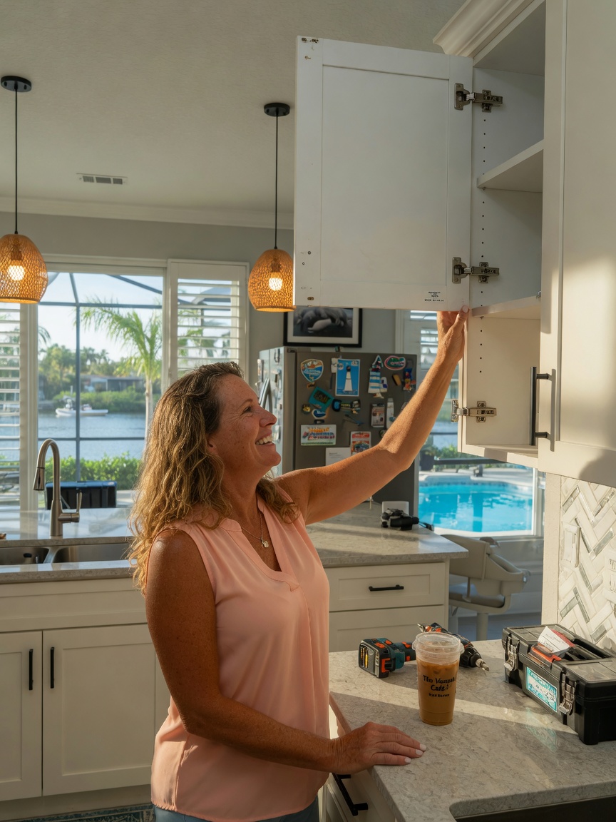 Ultra-realistic 8K photo of a homeowner happily testing a newly repaired soft-close cabinet door in a modern South Fort Myers kitchen, natural expression of relief