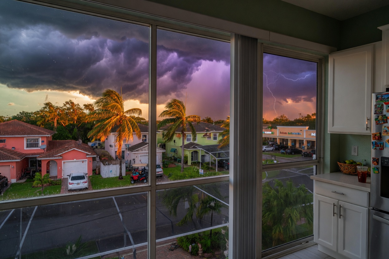 Southwest Florida summer storm clouds gathering over a residential neighborhood in South Fort Myers, cabinets visible through open patio doors