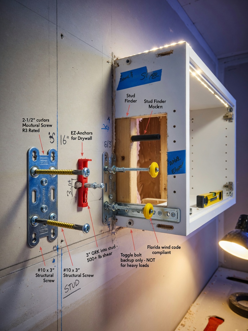 Ultra-realistic 8K image of proper cabinet anchoring techniques into Florida drywall and studs, showing specialized screws and brackets with clear demonstration of structural integrity