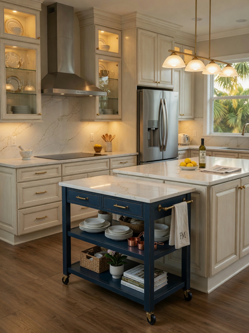 Ultra-realistic 8K photo of finished Cart project in an elegant South Fort Myers kitchen with glossy restored cabinets, modern appliances, warm lighting, and clean countertops