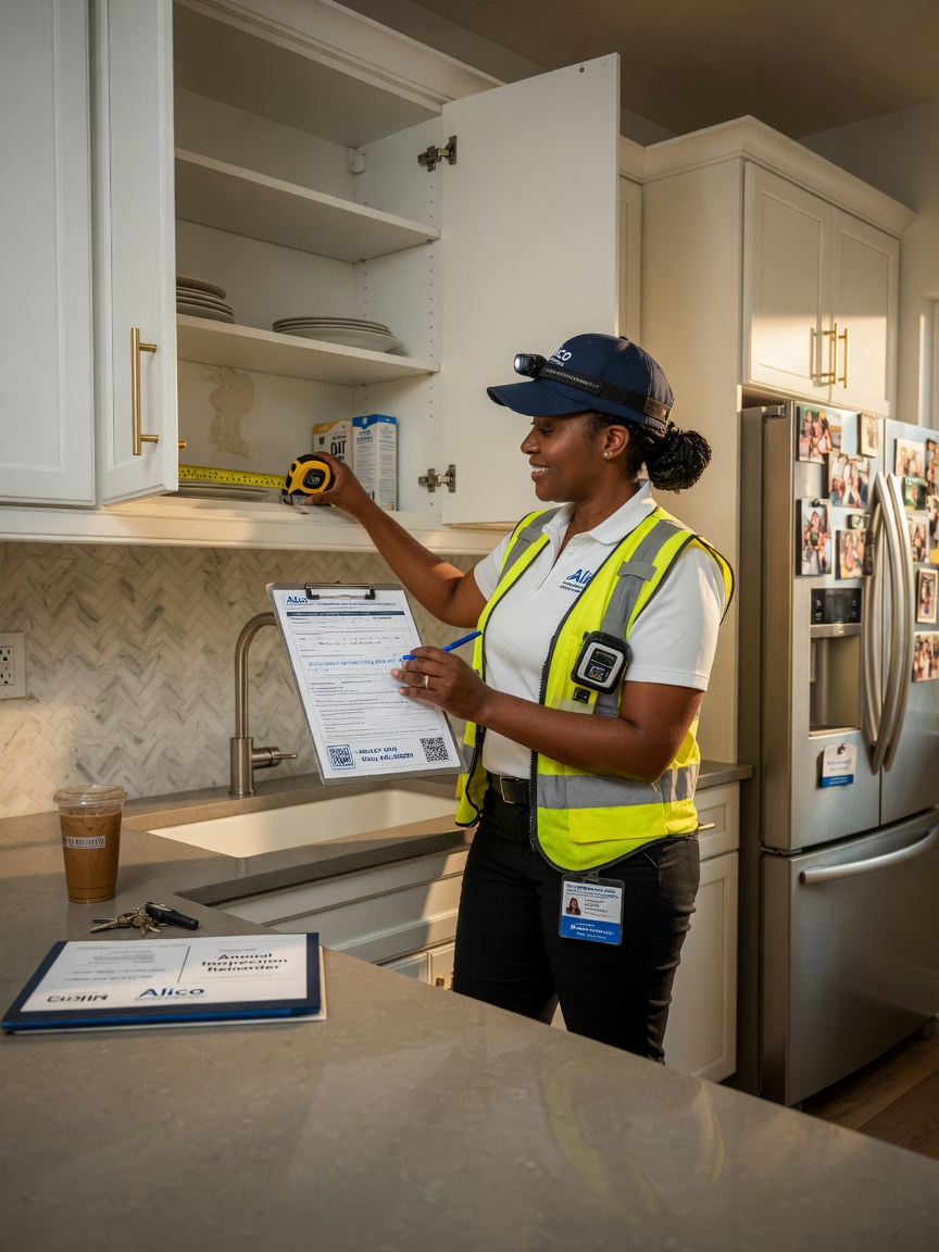 Ultra-realistic 8K image of a licensed technician performing on-site cabinet assessment in an Alico homeowner's kitchen, clipboard and measuring tools, natural interaction
