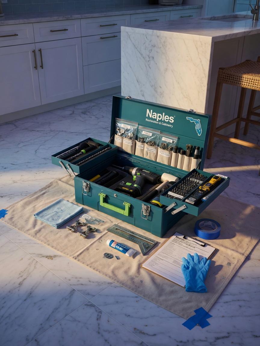 Clean organized toolbox with coastal-rated cabinet repair tools on a drop cloth protecting marble floor in an upscale Naples kitchen, realistic 8K image
