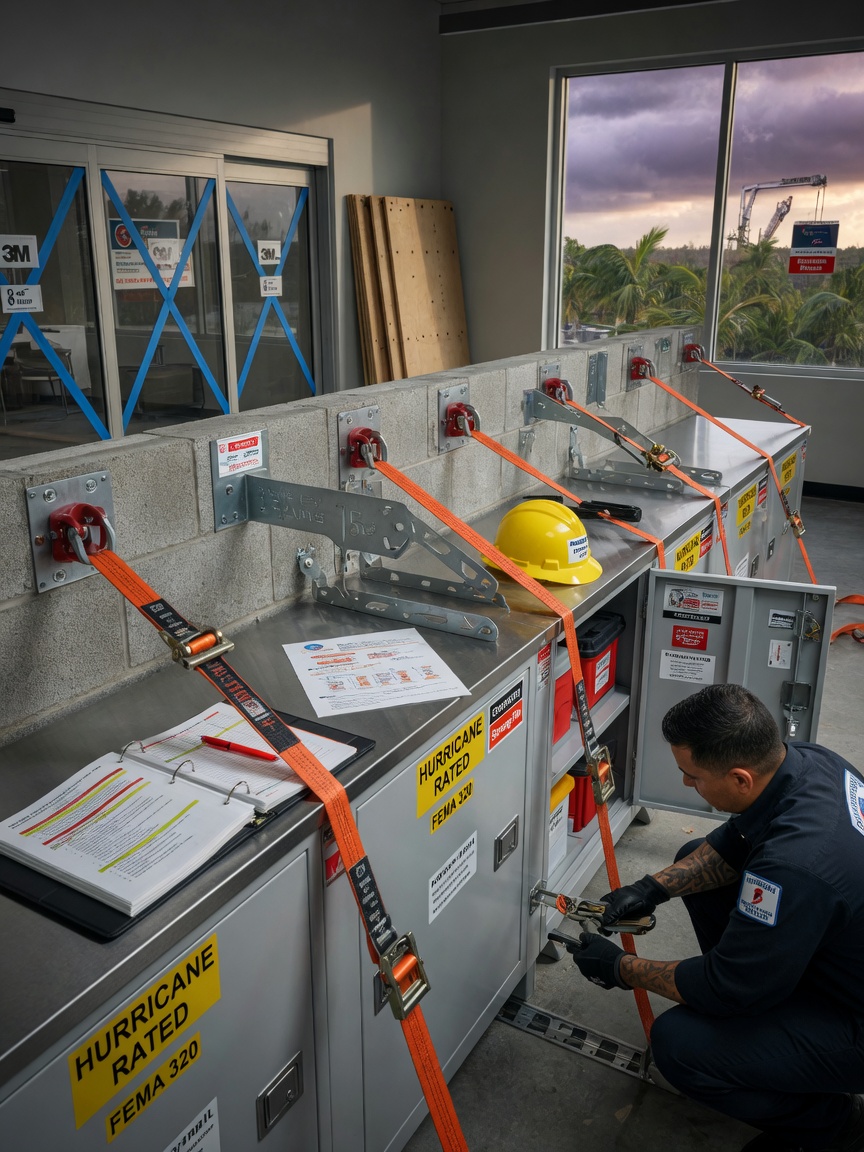 Ultra-realistic 8K image of storm preparation with commercial cabinets properly anchored to meet Florida hurricane wind load codes, showing secure installation brackets and straps, technical and informative style