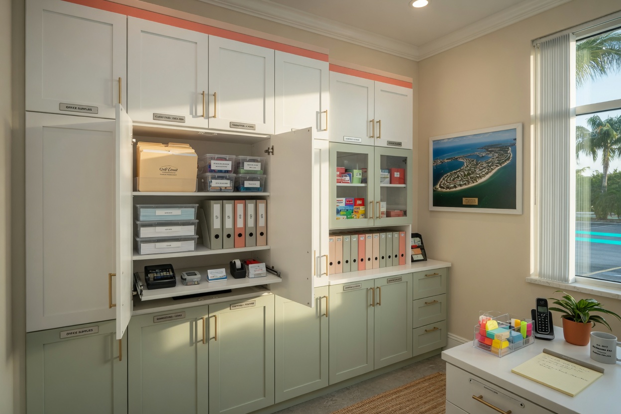 Ultra-realistic 8K image of custom designed commercial storage cabinets in a Southwest Florida small business office, organized supplies, clean professional environment, natural window light