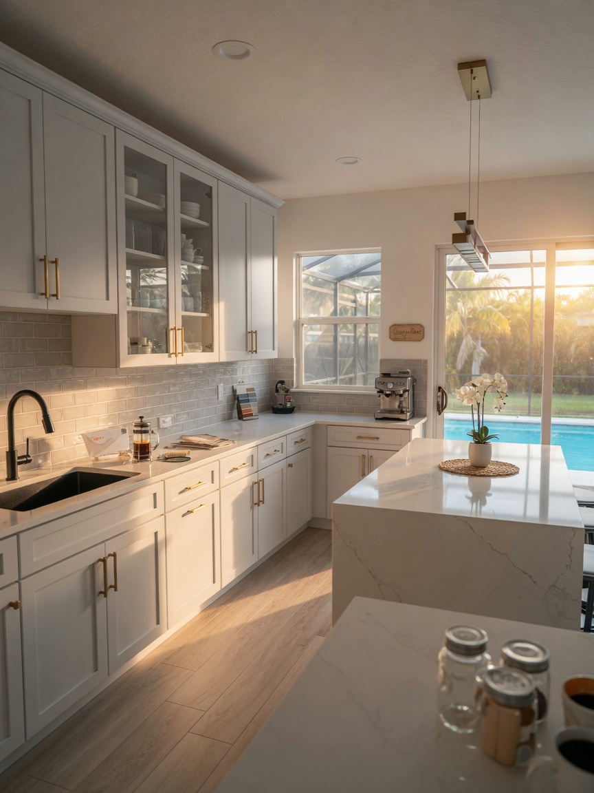 Ultra-realistic 8K photograph of a complete kitchen after professional Shop in Cape Coral Florida, beautiful updated cabinets, clean countertops, morning sunlight, 33909 home